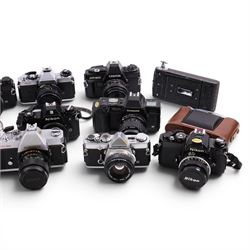 Collection of cameras, Nikon EM, Fujica ST605, Olymous OM2, etc