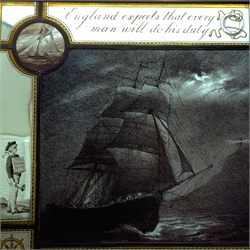 19th century leaded stained glass panel of maritime interest with painted central moonlit scene of a three-masted sailing ship by a coast with a lighthouse on the cliff, beneath the motto 'England Expects That Everyman Will Do His Duty', surrounded by nautical figures and motifs 41 x 50.5cm including brass frame
