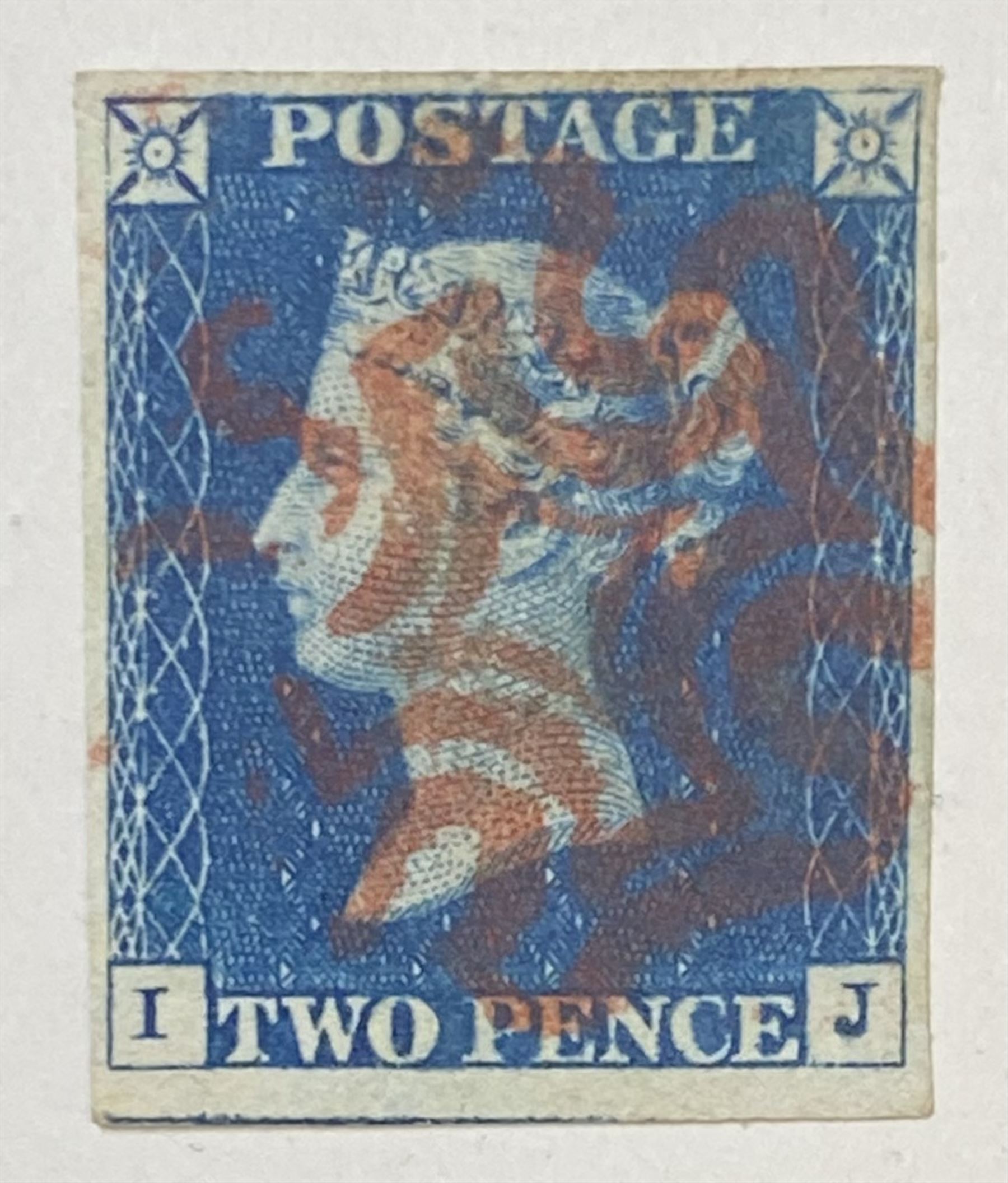 Great Britain Queen Victoria 1840 two pence blue stamp, red MX cancel