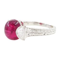 18ct white gold pink tourmaline and diamond ring, single oval cabochon cut tourmaline of approx 4.75 carat, set with a half moon cut diamond either side, to engraved laurel leaf design shoulders