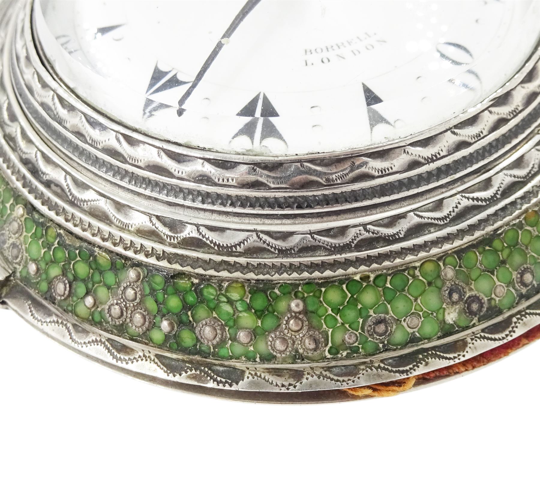 George III silver and gilt metal triple cased verge fusee pocket watch, for the Turkish market by Markwick Markham Borrell, London, No. 23209, ornate classical design pillars, pierced and engraved foliate balance cock, white enamel dial with Turkish numerals, bull's eye glass, the silver cases by James Richards, London 1804, the silver and gilt outer case decorated with green shagreen
