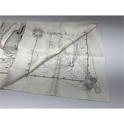 Hermès 'La Musique Des Spheres' silk scarf, designed by Zoe Pauwels in 1996, printed with a Viola Medici surrounded by musical motifs in black, on ivory white ground, with rolled hand stitched edges and Hermes material label, 87cm square
