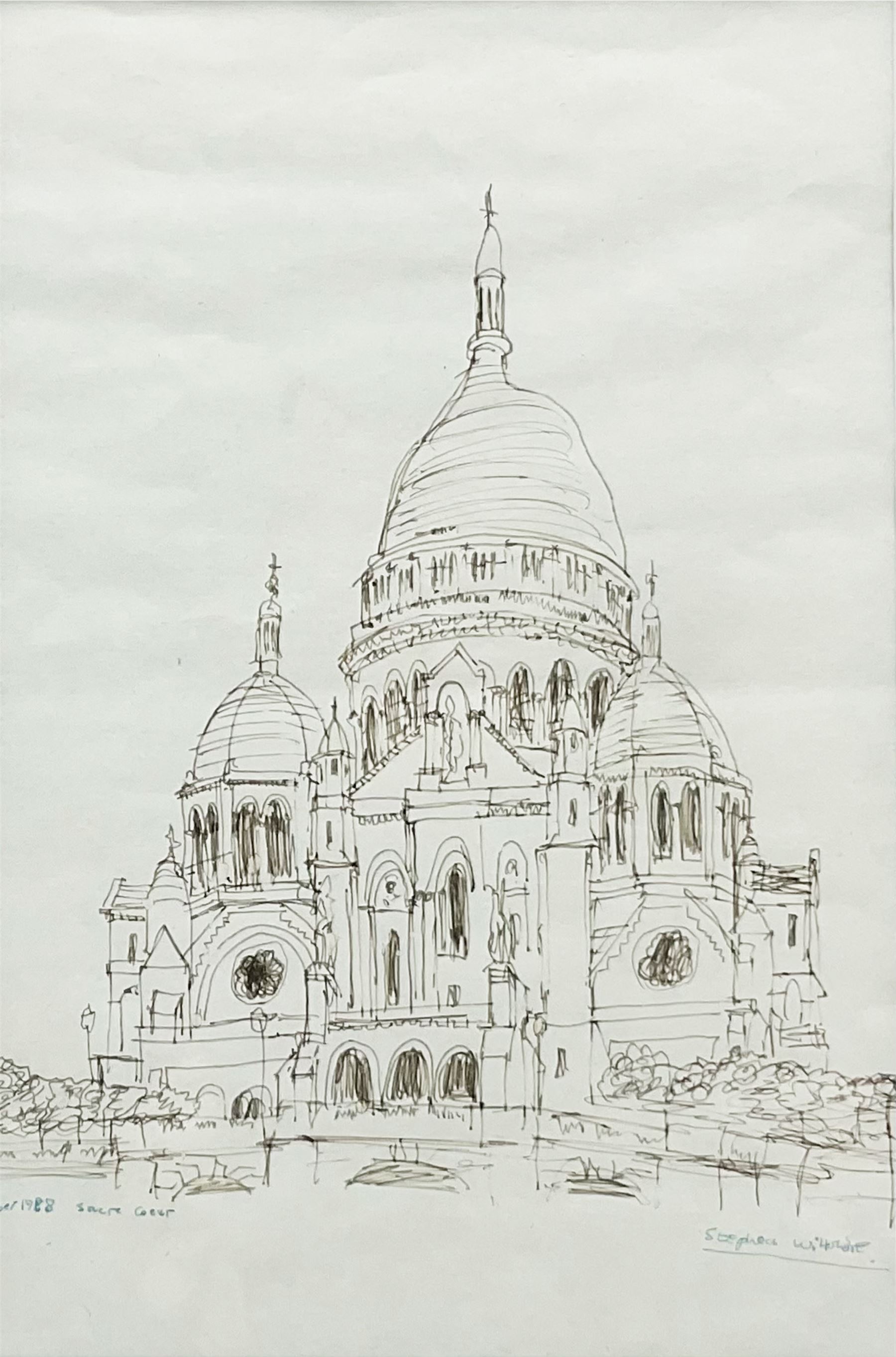 Stephen Wiltshire (British 1974-): 'Sacre Coeur' Paris, pen and ink sketch signed titled and dated October 1988, personalised dedication verso 29cm x 19cm 
Notes: Wiltshire is a renowned autistic savant who can produce detailed architectural drawings from memory after viewing a scene just once. He has been compared to the character of Raymond Babbitt in the 1988 film Rain Man, which the artist considers one of his favourite films; coincidentally, the present picture was drawn by Stephen in the same year, when he was aged just fourteen. The following year, he appeared on the cover of You magazine with actor Dustin Hoffman, who portrayed Babbitt. In 2006, he was awarded an MBE and opened a permanent gallery on the Royal Opera Arcade in London.