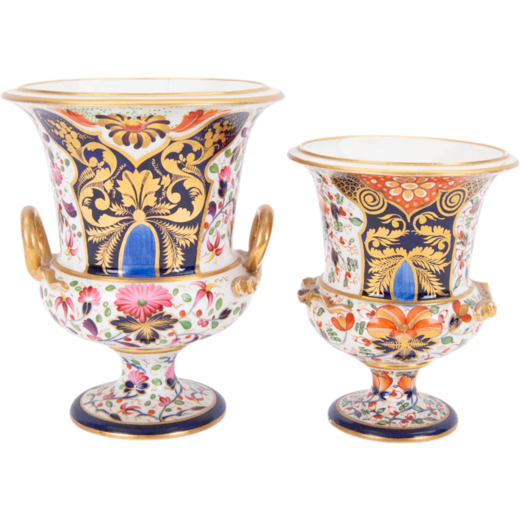 Derby twin handled campagna urn, decorated with flowers and cobalt panels highlighted in gilt, together with a smaller example with similar decoration, tallest H20cm