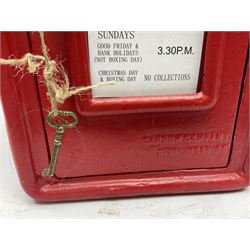 Reproduction red painted cast iron postbox, H59cm, with two keys