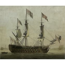 Attrib. Robert Pollard (British 1755-1838): British Man of War at Anchor, watercolour unsigned c1800, 39cm x 48cm
Provenance: Turnerdale Hall, Ruswarp, Whitby contents sale c1935 (at that time probably still in Harrowing ship owning family), purchased by the Smales Family of Sleights, Whitby remaining in the same family ownership