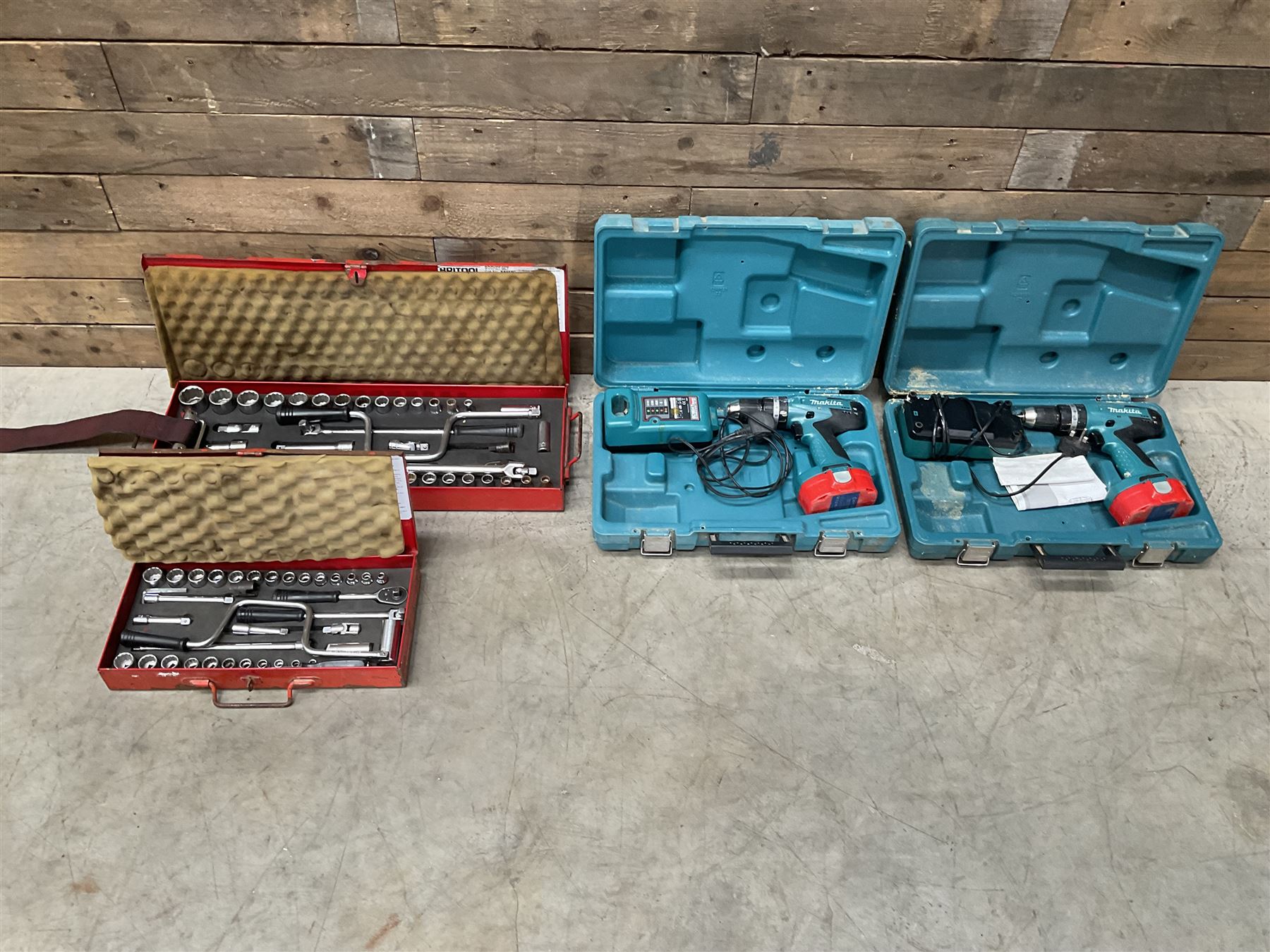 Two Britool socket sets, and two Makita drills