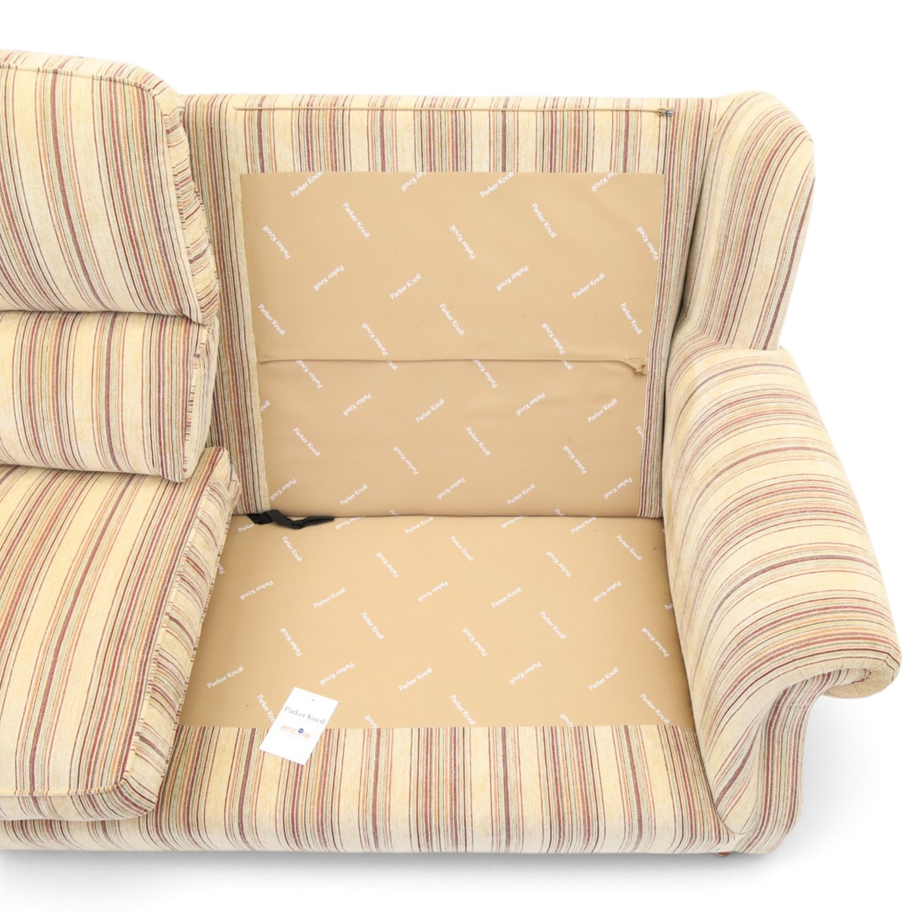 Parker Knoll - contemporary 'Henley' lounge suite comprising grande two seat sofa and wingback armchair, traditional wing shape over rolled arms and turned feet, upholstered in striped fabric