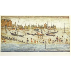  Laurence Stephen Lowry RA (Northern British 1887-1976): 'The Beach', limited edition offset lithograph in colours signed in pencil, pub. Venture Prints 1973 with Fine Art Guild blind stamp HAF, printed number 652 verso 40cm x 63cm overall (with original Venture Prints leaflet) (unframed) Provenance: bought by the vendor from Venture Prints   DDS - Artist's resale rights may apply to this lot  