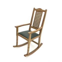 'Foxman' oak rocking chair, arched cresting rail over carved and pierced lattice splat, by Malcolm Pipes of Carlton Husthwaite, Thirsk, W55cm, H108cm, D76cm