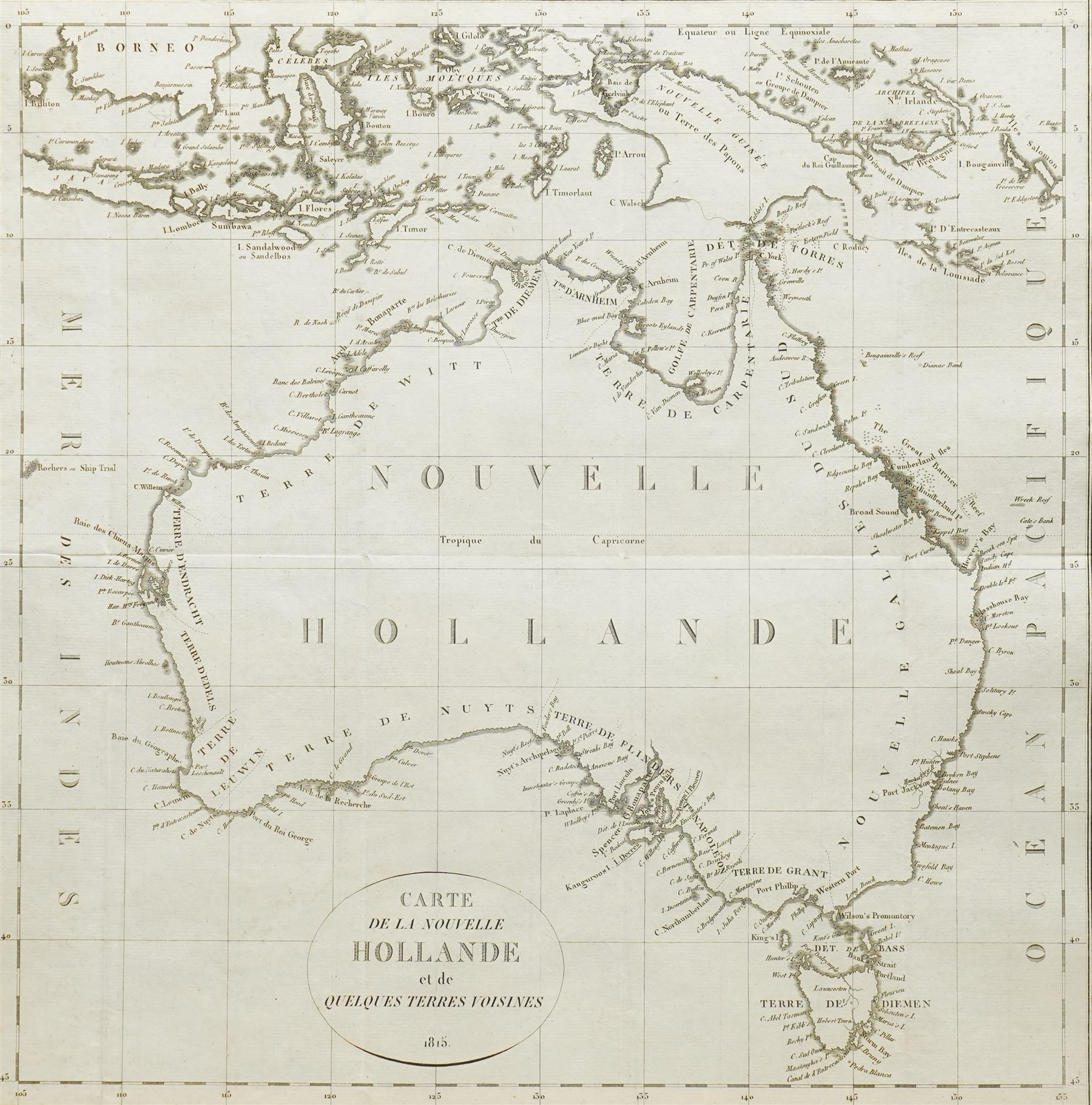 French School (Early 19th century): 'Carte de la Nouvelle Hollande et de quelques terres voisines', early 19th century engraved map of Australia (New Holland) with Papua New Guinea and Indonesia pub. 1815, 41cm x 48cm
Notes: scarce map published a year after Flinders’s Voyage to Terra Australis, with some of his place-names adopted but many of the French names retained