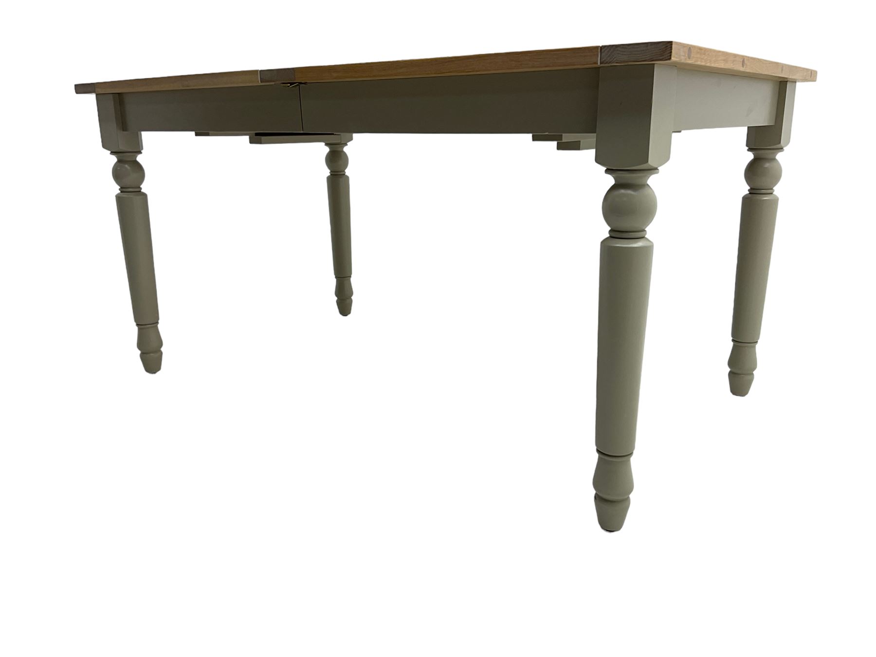 Neptune Furniture - 'Suffolk' oak dining table, pull-out extending top with two additional leaves, on turned supports, in grey paint and wax finish 