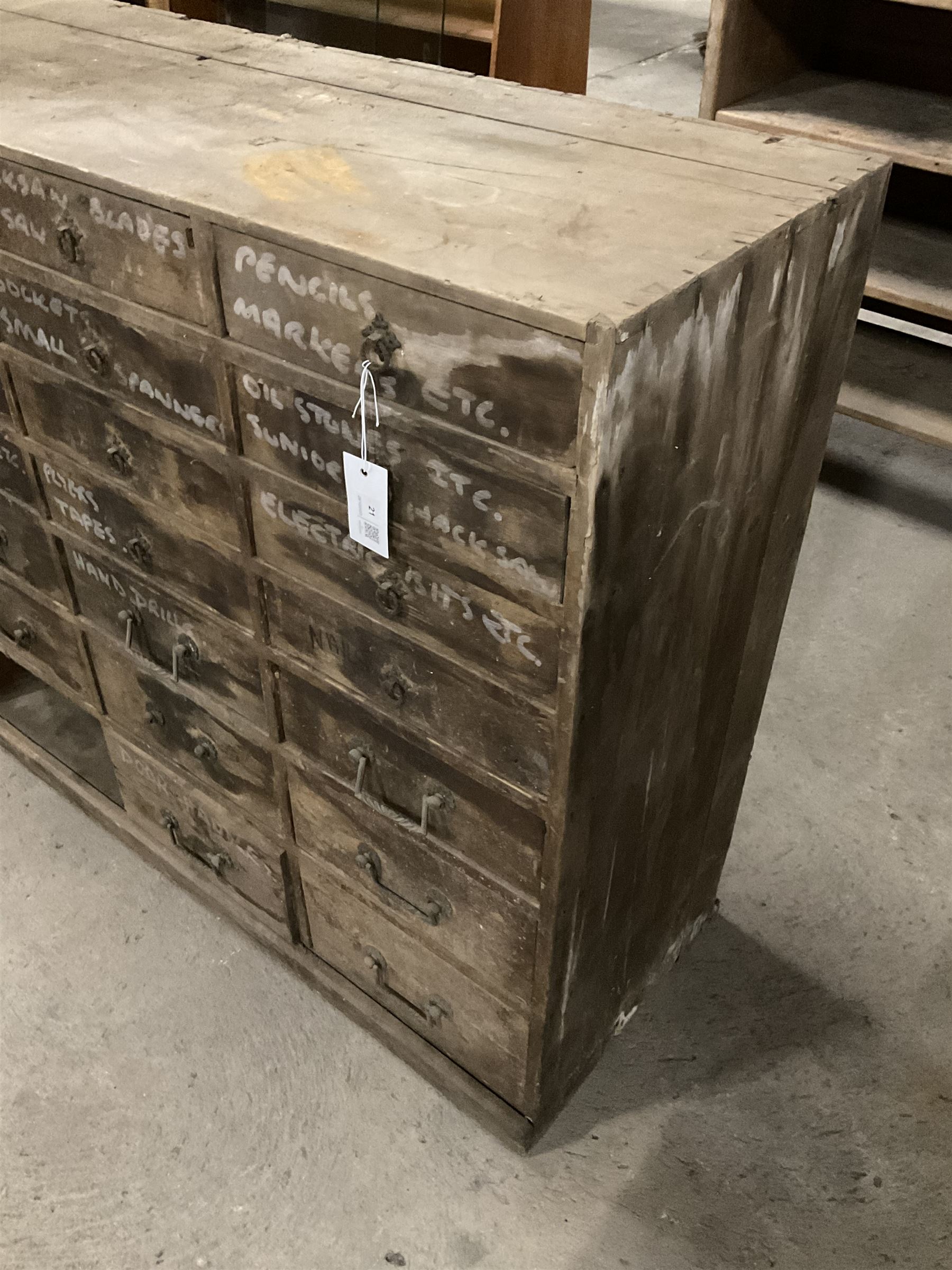 19th century pine multi-drawer workshop cabinet, fitted with double cupboard and drawers - THIS LOT IS TO BE COLLECTED BY APPOINTMENT FROM THE OLD BUFFER DEPOT, MELBOURNE PLACE, SOWERBY, THIRSK, YO7 1QY