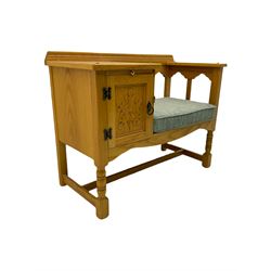 Light oak telephone table, with cupboard, upholstered seat