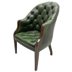 19th century design mahogany framed chesterfield library chair, upholstered in buttoned green leather with studwork, on square tapering supports