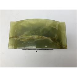 Elliott London green marble mantel clock, the gilt dial with silvered chapter ring, H16cm, together with a glass dish