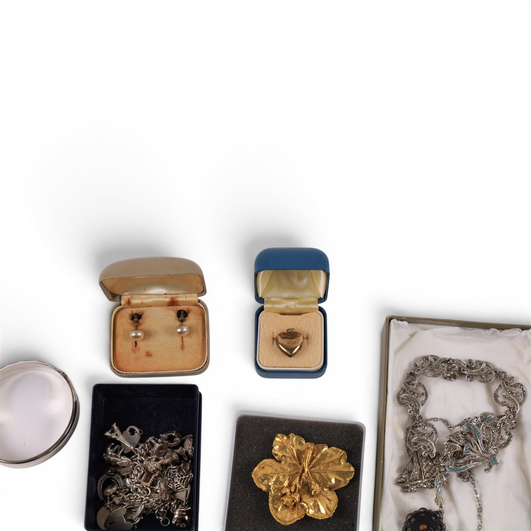 Silver charm bracelet, bangle and locket, 9ct gold back and front heart locket and a collection of costume jewellery