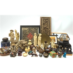 A collection of assorted Oriental wares, to include a number of carved ivorine figures, carved wooden panel, composite model of a fo dog, various lacquer and other boxes, etc. 