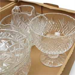 Collection of crystal glassware to include Brierley jugs and footed bowl, and other unmarked crystal bowls in one box