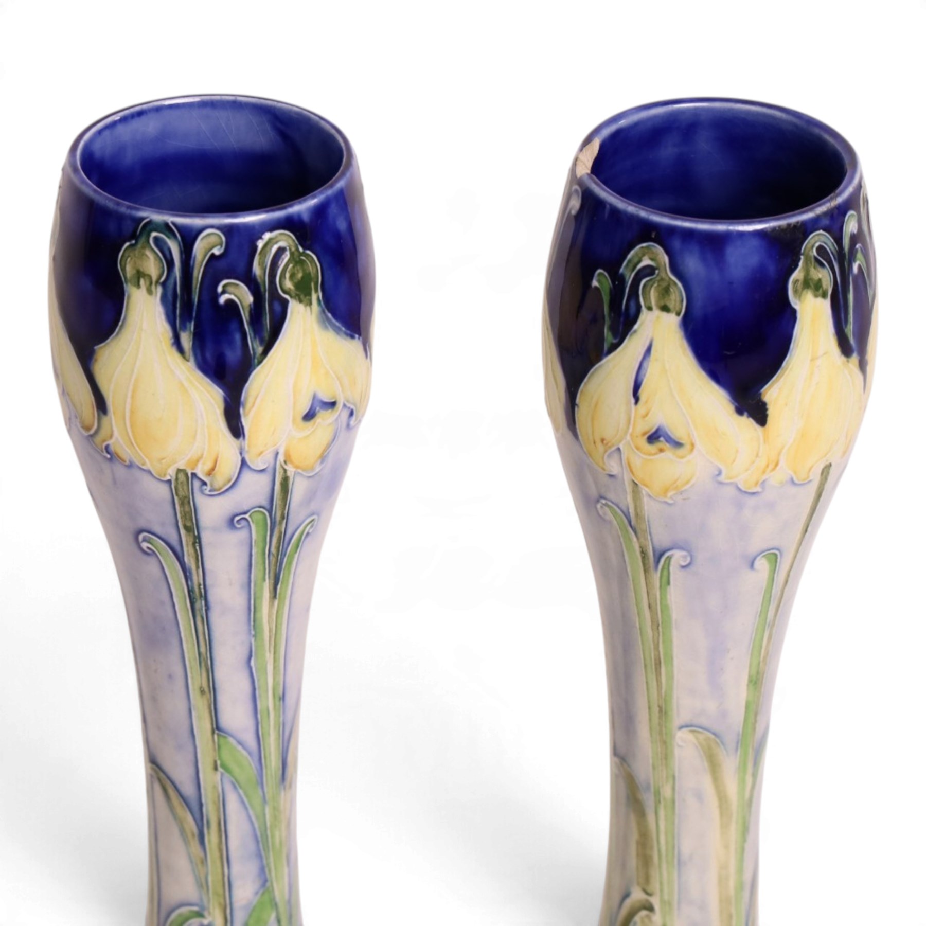 William Moorcroft for James MacIntyre, Pair of Florian Ware Snowdrop vase, circa 1902, waisted elongated gourd form, printed mark and green signature