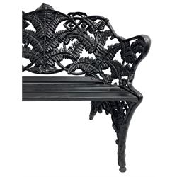 Coalbrookdale - black painted cast iron 'fern' pattern garden bench, decorated with trailing fern leaves, mahogany slatted seat