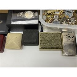 Silver jewellery including St Johns Ambulance medal, tiger's eye necklace, identity bracelet, etc, together with Festival of Britain powder compact, Ippag dice lighter, Win International lighter, Victorian and later costume jewellery and wristwatches