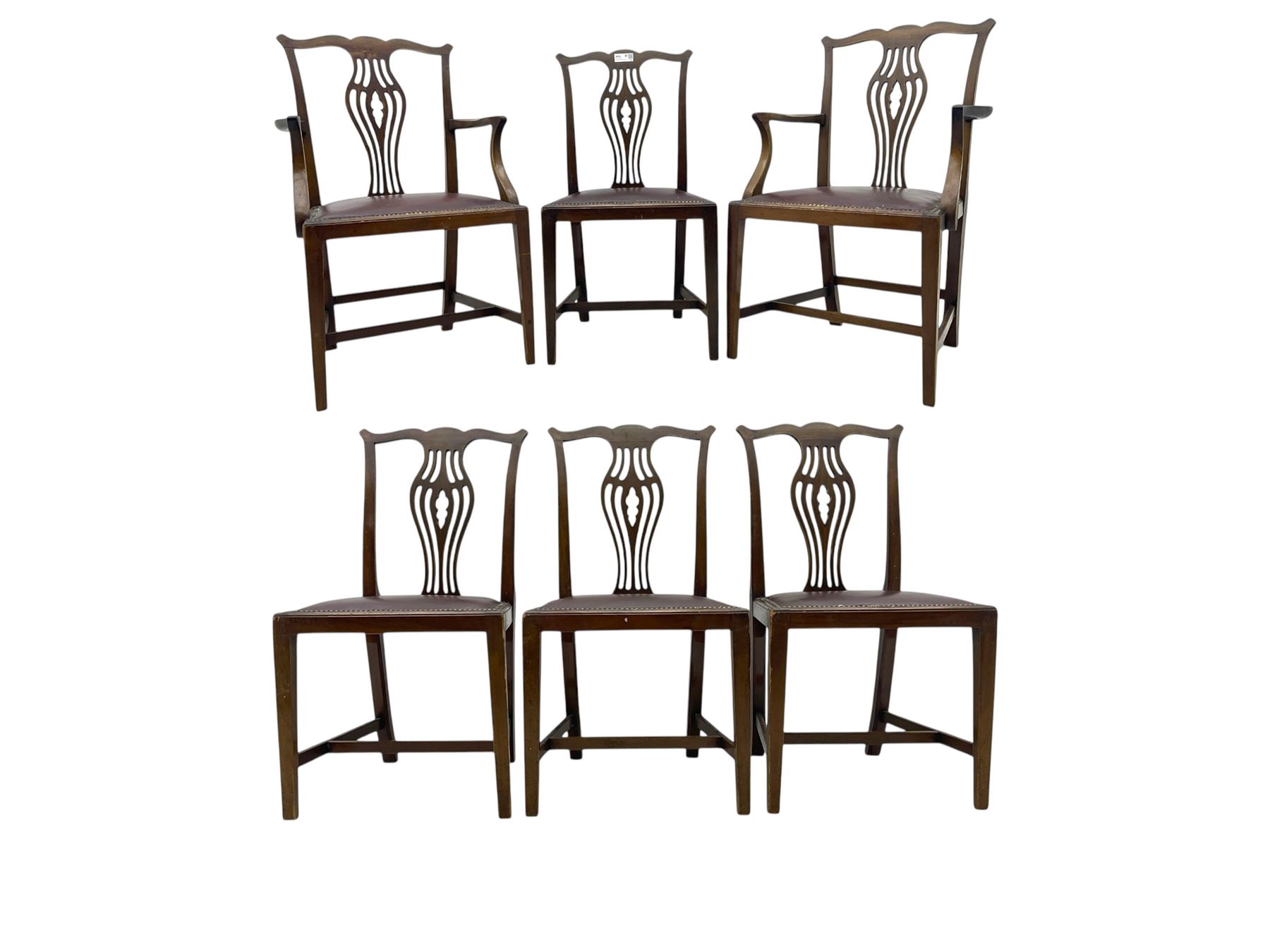 Set of six (4+2) 19th century Chippendale-design mahogany dining chairs, shaped cresting rail over pierced bulbous vase-shaped splat, burgundy leather upholstered seats with brass stud trim, on square tapering supports united by H-stretchers