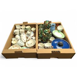 Pair of foo dogs, enamel pans and a collection of teacups, saucers and other ceramics