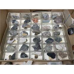 Natural history; Collection of rock and mineral specimens to include muscovite, sphalerite zinc blende, breccia, migmatite, fluorite etc, housed in a wood box, some named 
