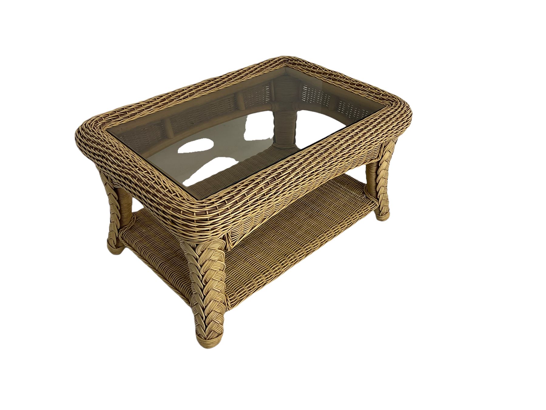 Four piece cane conservatory suite - two seat sofa (W130cm), pair of armchairs (W85cm), and coffee table (85cm x 60cm)