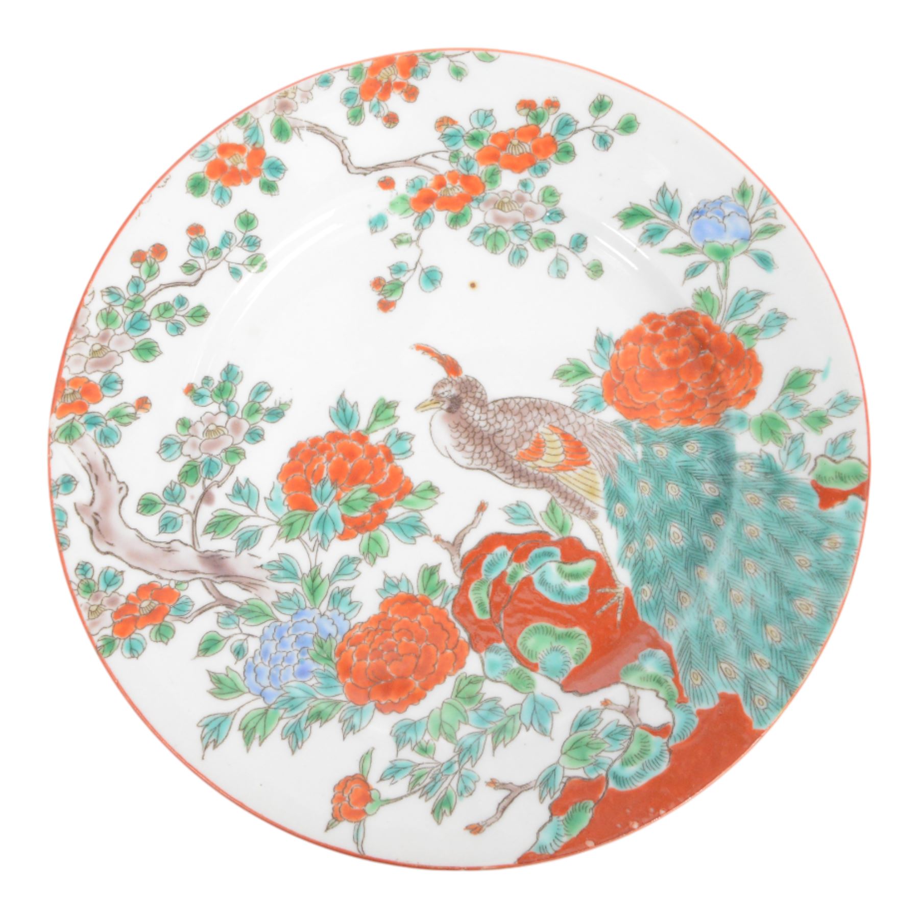 Near pair of Japanese plates, decorated in green, blue and iron-red enamels, with peacocks perched on a rock among foliage, together with Chinese cinnabar ginger jar, plates D21cm 