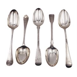 Group of George III silver table spoons, to include a pair of Hanoverian pattern table spoons, hallmarked London 1771, maker's mark W.D, a pair of Fiddle pattern table spoons, hallmarked Thomas Wilkes Barker, London 1806 and an Old English pattern table spoon, hallmarked George Smith (II), London 1797