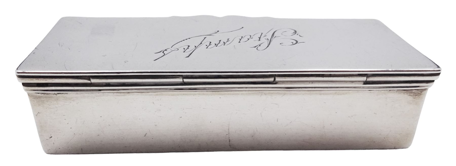 Late Victorian silver stamp box, of plain rectangular form, the hinged cover engraved 'Stamps', opening to reveal a gilt interior, hallmarked Mappin Brothers, Chester 1900, L7.5cm, approximate weight 1.89 ozt (58.8 grams)