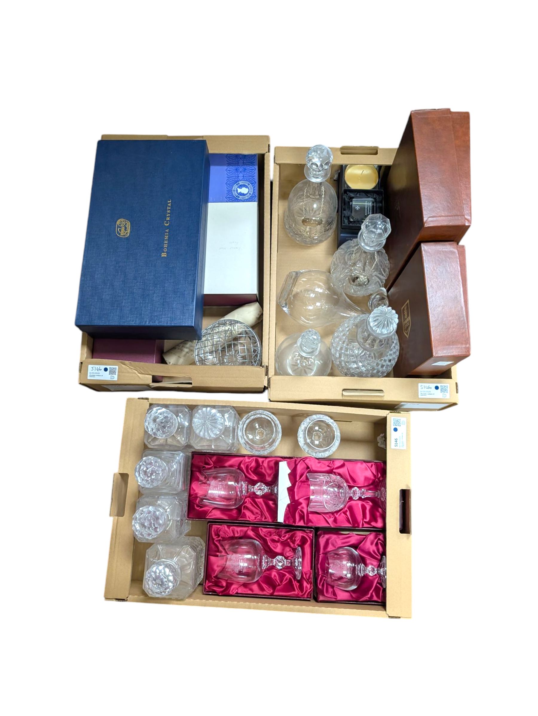 Dartingon glass decanter, togehter with nine other decanters Bohemia Crystal glassware etc in three boxes 