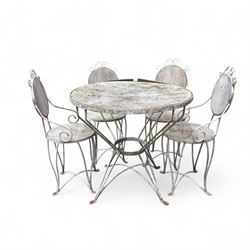 Wrought iron white painted garden table and set of four chairs