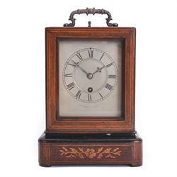 Henry Marc of Paris -  mid 19th century 8-day Pendule d'officier campaign clock in a rosewood veneered case with contrasting floral and leaf inlay and ebonised moulding, rectangular case with a brass carrying handle and sliding glass panel to the silvered sheet dial, chapter ring with Roman numerals, minute track and steel trefoil hands, with a single train timepiece movement and silk suspension. With pendulum and key. 
