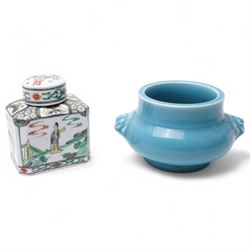 Famille verte rectangular tea caddy and cover decorated with figures, landscapes and vases...