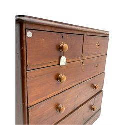 Chatsworth House - 19th century Victorian stained pine chest of drawers from Chatsworth House servant's quarters, moulded rectangular top over two short and three long drawers, plinth base. Provenance: Previously lot 1065 from the 