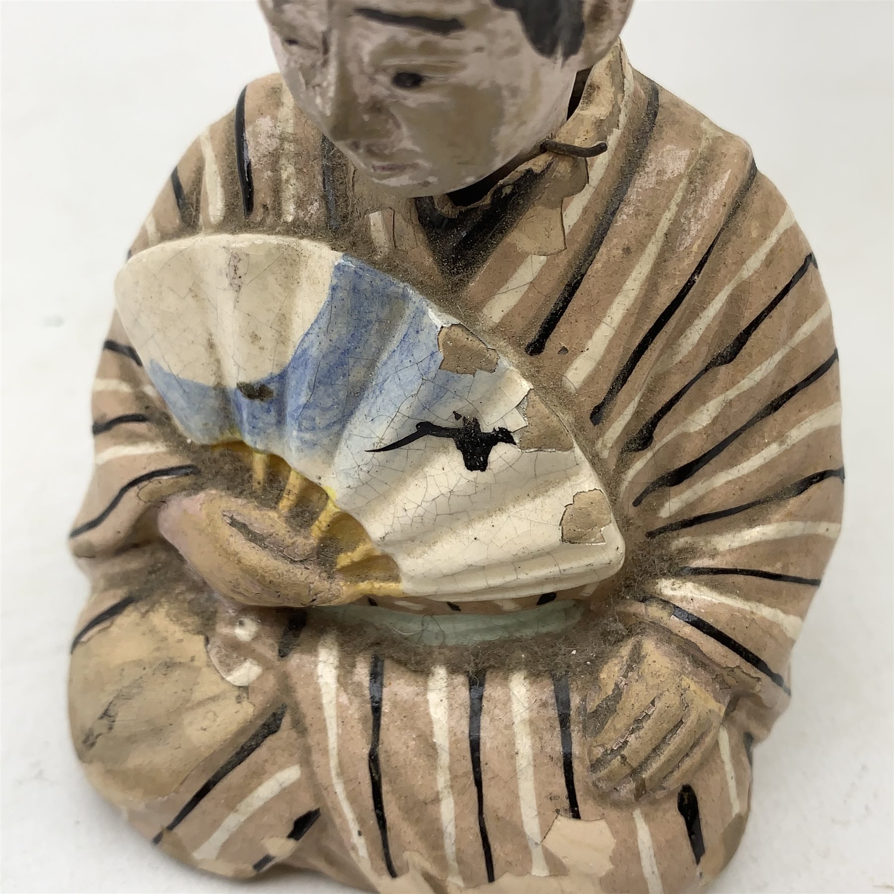 Three Japanese earthenware nodding head figures, each modelled as a seated male, tallest H13.5cm.  