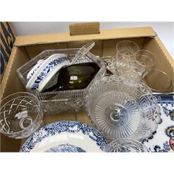 Quantity of ceramics, glassware and treen to include jardinieres, blue and white ceramics, teawares, plates etc in two boxes