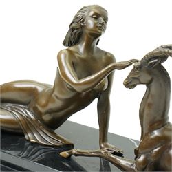 After Pierre Le Faguays (French 1892-1962): 'The Seduction' - Diana with Gazelle, bronze signed Milo, on two tier base, overall W48cm 