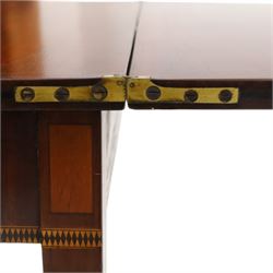 Regency period inlaid mahogany serpentine-fronted fold-over tea table, the shaped rectangular top with ebony-strung edge over a banded frieze with repeating lozenge inlaid banding, on square tapering supports