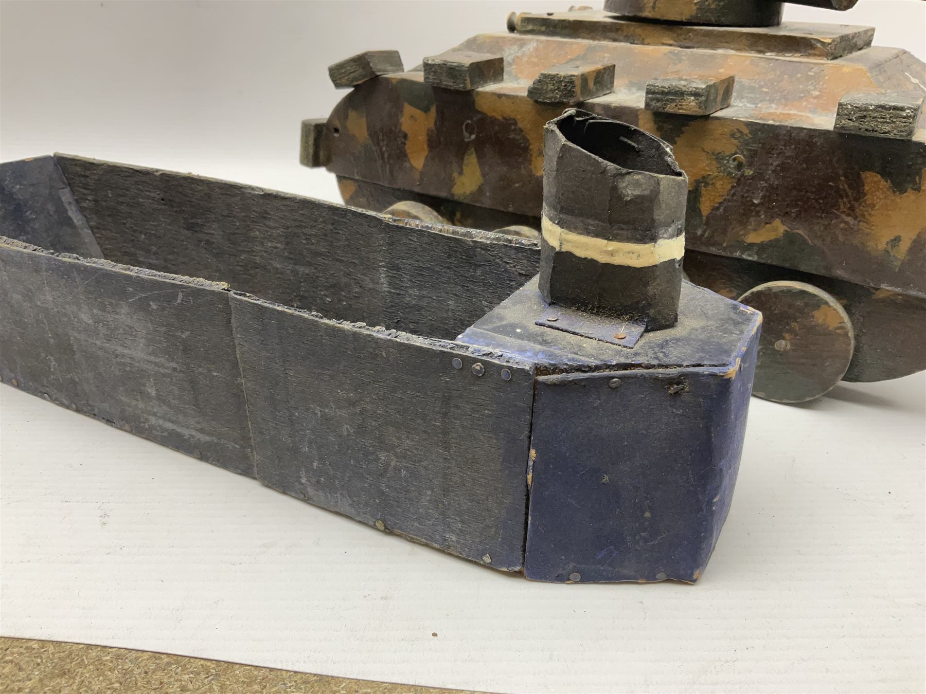 1940s French wooden eight wheel model FFI free tank, painted in brown camouflage, together with a 1940s wooden scratch built model of a landing craft, tank H18cm, W31cm