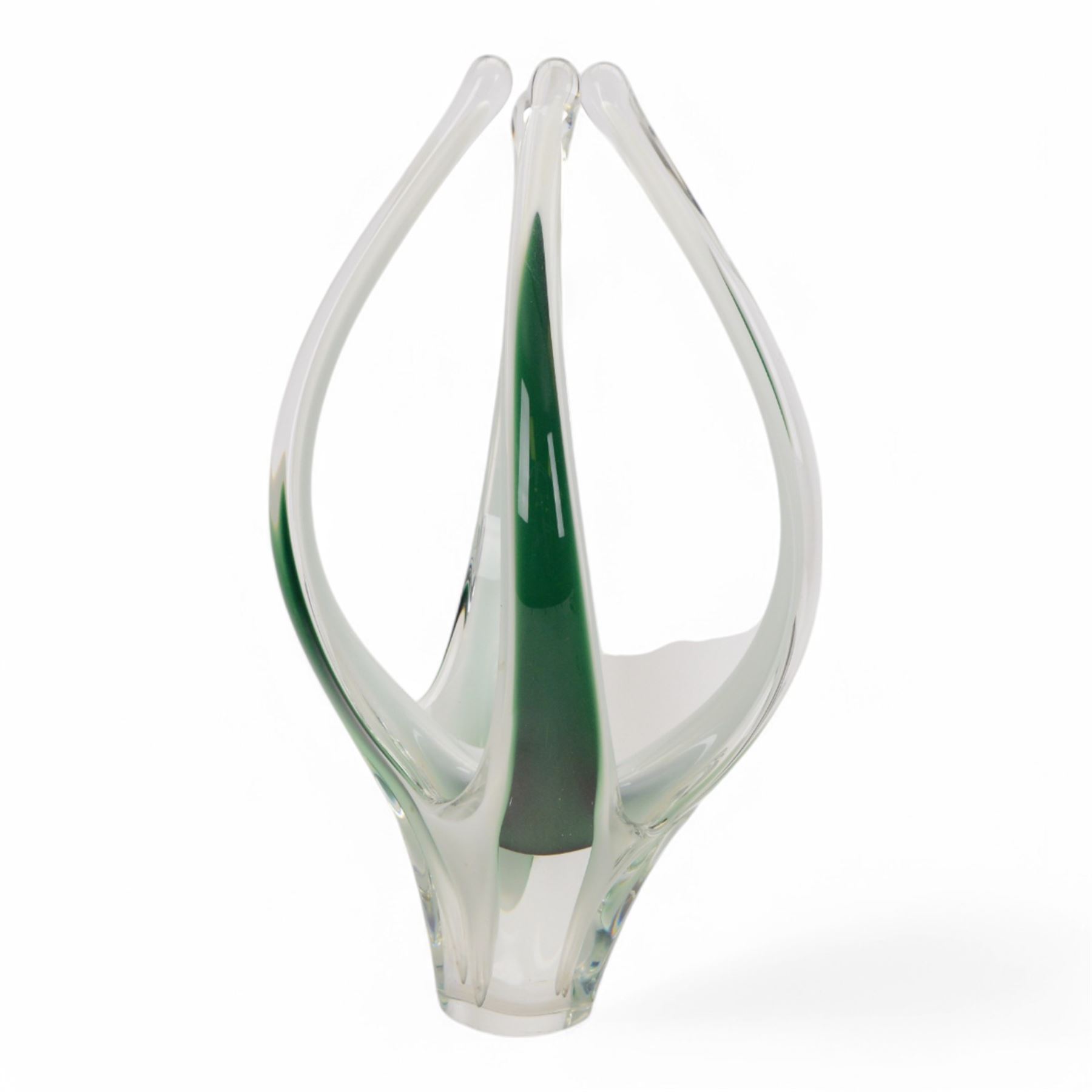 Mid 20th century Paul Kedelv for Flygsfors Coquille glass vase, with  four green and white drawn points rising from a circular base, engraved with signature and date beneath, H43cm