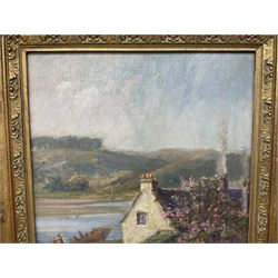 English School (early 20th century): Cottage with Blossom Tree, oil on canvas indistinctly signed 34cm x 44cm