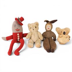 Seven vintage/handmade soft toys, comprising Humpty Dumpty, rabbit, panda, koala, golly and bears