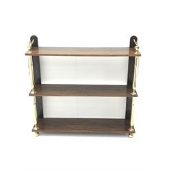 Regency style rosewood three tier wall hanging etagere, brass finials and columns