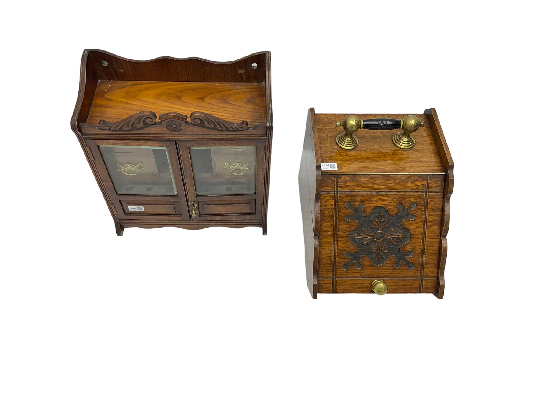 Edwardian oak smokers cabinet, broken swans neck pediment, two bevelled glazed and panelled doors enclosing four small drawers and pigeon hole (W42cm H45cm); Edwardian oak coal scuttle, carved fall-front with brass handles (W32cm H37cm)