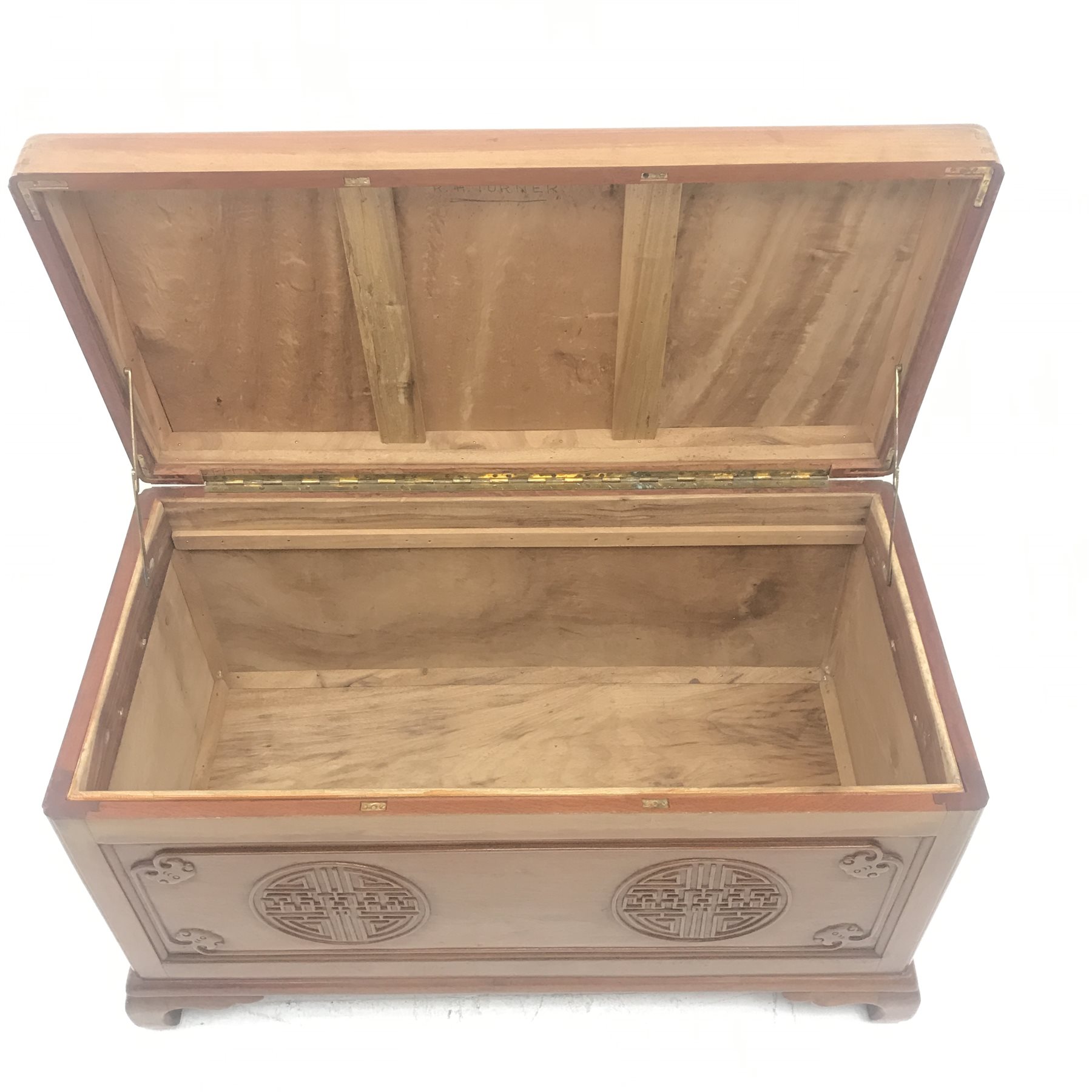 Chinese camphor wood blanket box, single hinged lid, geometric pattern, shaped bracket supports, W105cm, H62cm, D55cm