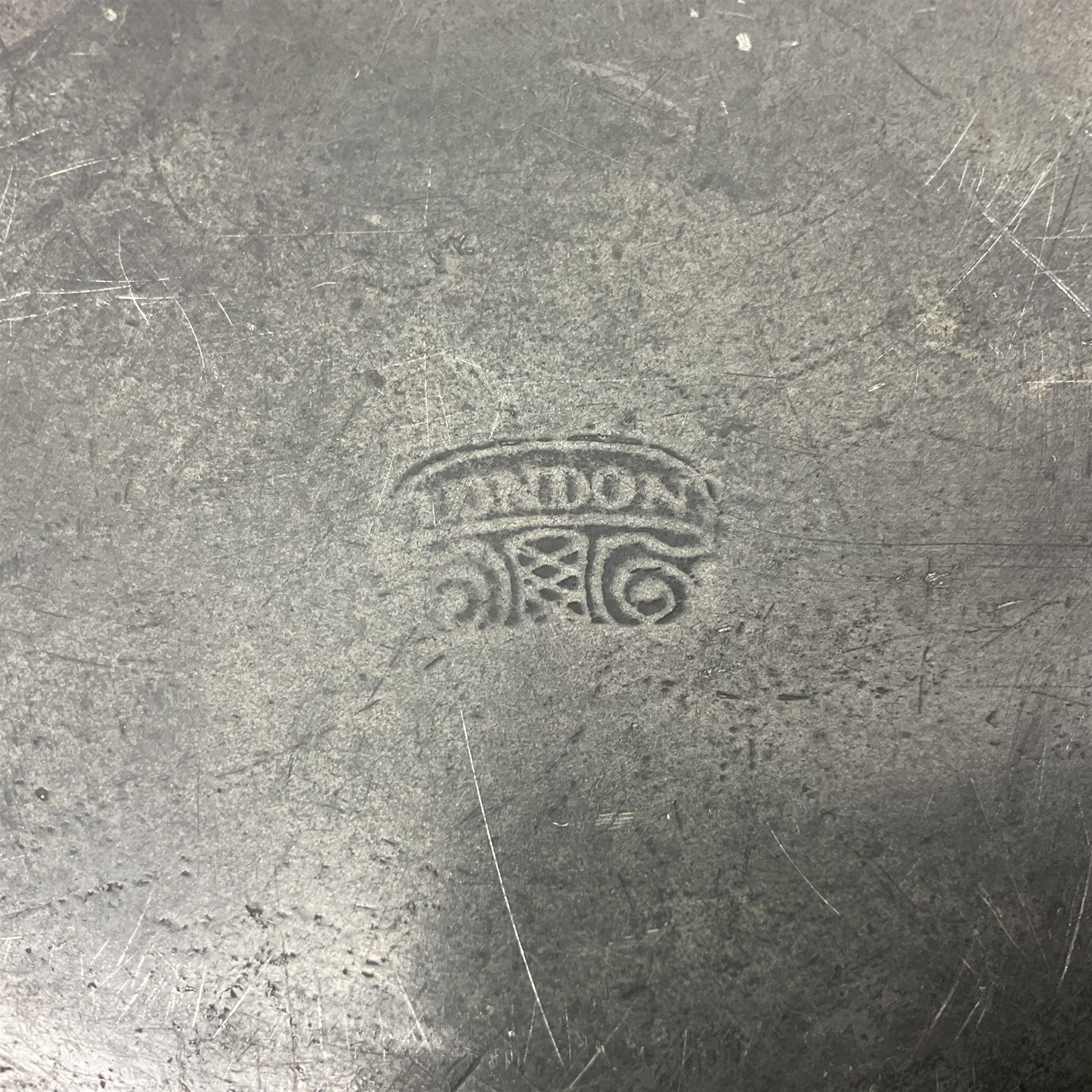 Group of seven 19th century pewter chargers, each of circular form with dished centre, two examples with touch marks verso, each approximately D39cm